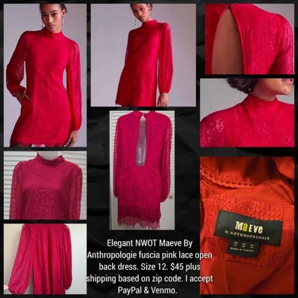 Elegant NWOT Maeve By Anthropologie fuscia pink lace backless dress Size 12